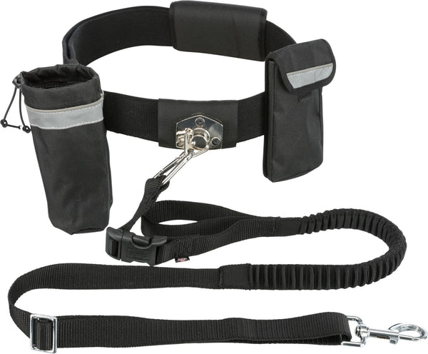 Laisse Hands Free, avec ceinture ventrale, nylon, noir