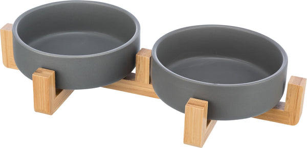 Set de gamelles, céramique/bois, 0,3 l/31×6×16cm, gris/naturel