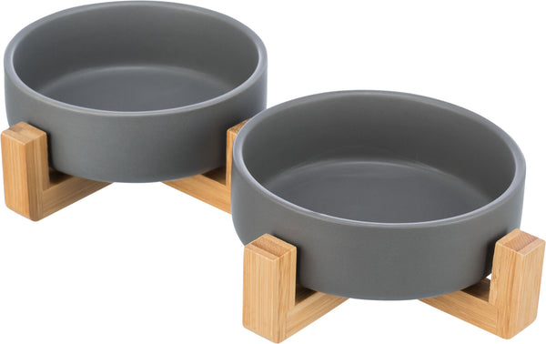 Bowl set, ceramic/wood, 0.3 l/31×6×16cm, grey/natural