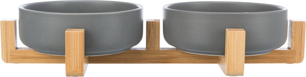 Bowl set, ceramic/wood, 0.3 l/31×6×16cm, grey/natural