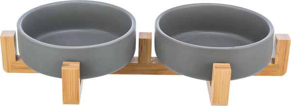 Bowl set, ceramic/wood, 0.3 l/31×6×16cm, grey/natural