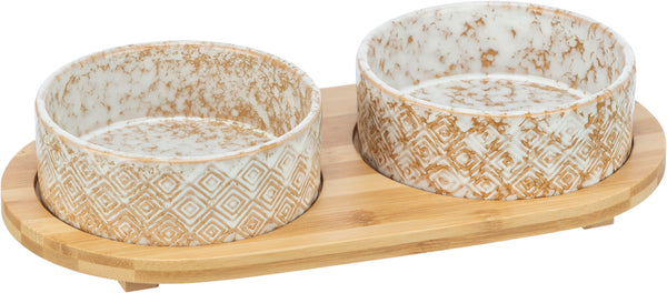 Bowl set, ceramic/bamboo, white/light brown