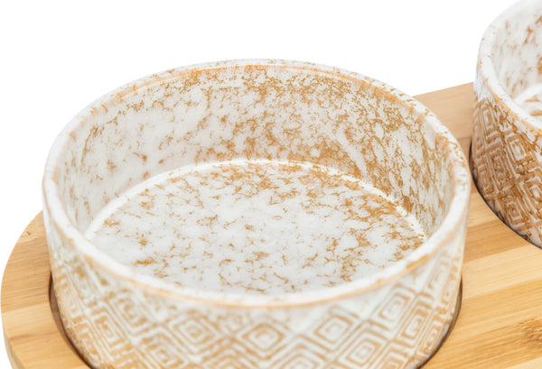 Bowl set, ceramic/bamboo, white/light brown