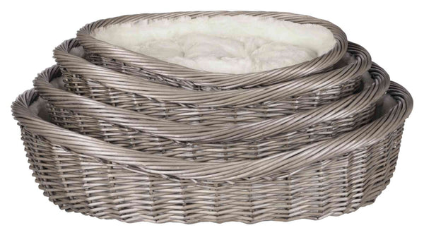 Basket, wicker, with cover and cushion, gray