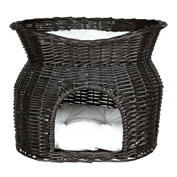 Wicker basket with rest roof and 2 cushions, black