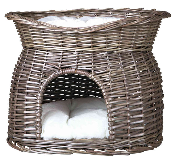 Panier en osier avec toit de repos et 2 coussins, 54×43×37cm, gris