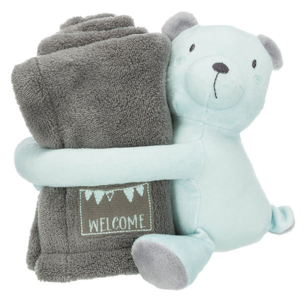 Junior set de doudou couverture/ours, peluche, 75×50cm, gris/mint