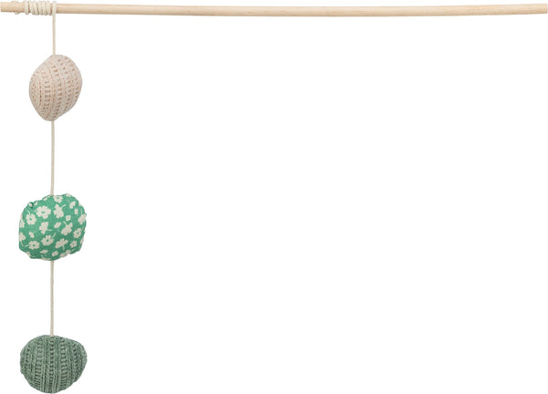 Fishing rod with 3 balls, wood/fabric, catnip, 40cm