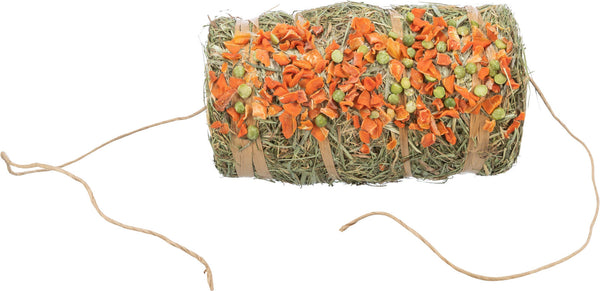 Hanging hay pendulum with peas + carrot