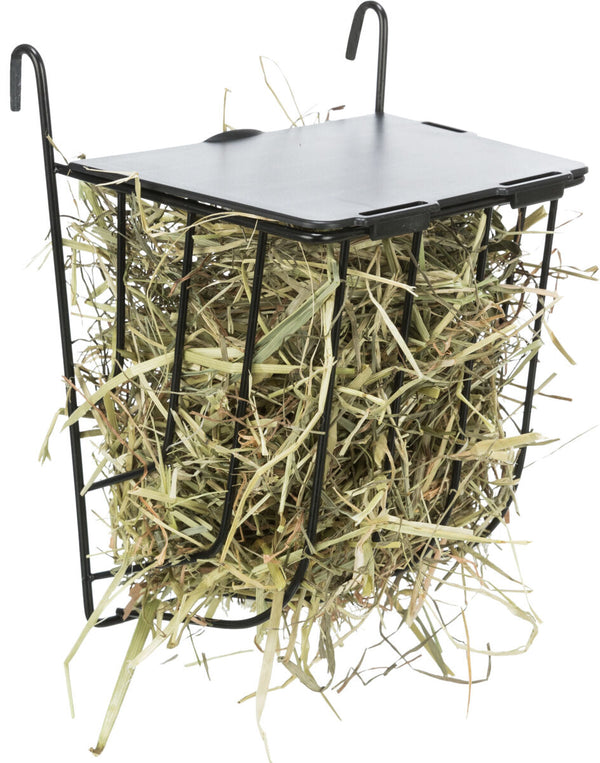 Hanging hay rack with lid, metal